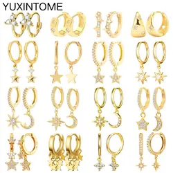 925 Silver Needle Star Hoop Earrings for Women Five-pointed Star and Moon Pendant Huggie Earrings Fashion Party Jewelry Gift