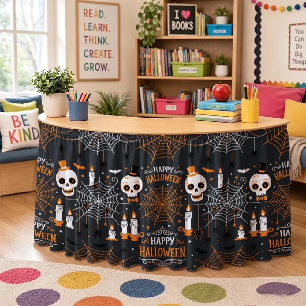 One-piece Halloween and Christmas event decoration party table skirt, Halloween theme, with happy Halloween text.