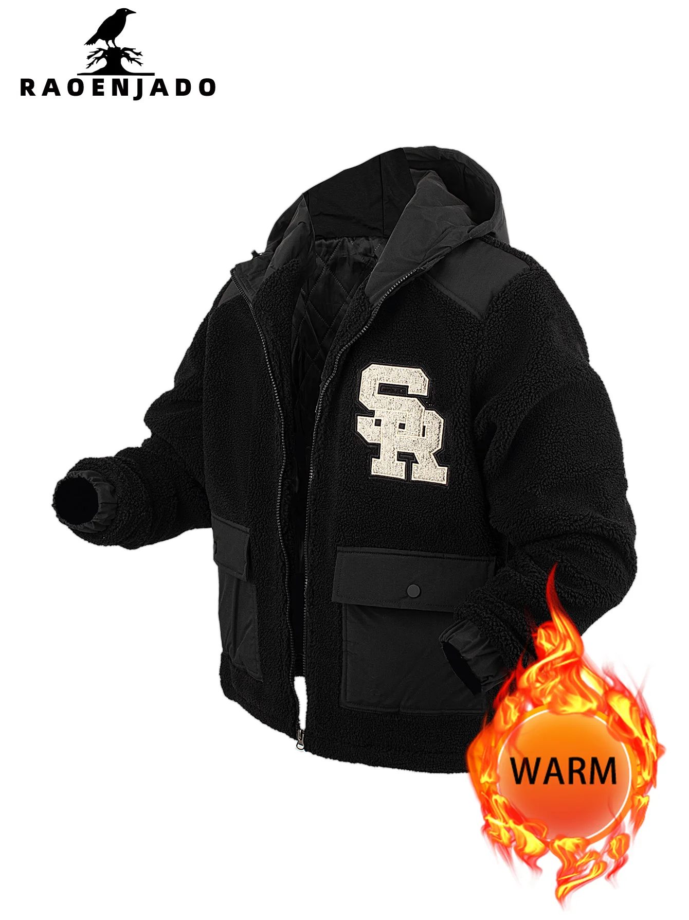 المرأة حجم كبير مقنعين الصوف جاكيت زيبرا سميكة الدافئة الشتاء المرقعة ملابس خارجية معطف فضفاض الأبجدية التطريز #5