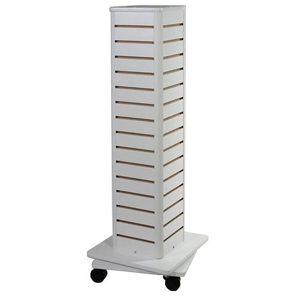 Custom.HIKUYA 4 Sides MDF  Wood Slatwall Display Stand Rack Backpack Display Stand Slatwall Rotating Display Rack