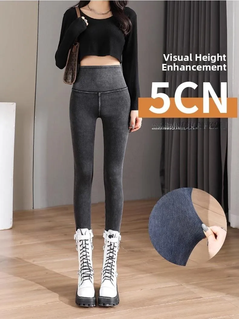 ハイウエストヨガパンツ レディース デニム シャークスキン タイトフィット フリース裏地 ヒップアップ ストレッチ ボトムス パンツ 秋冬