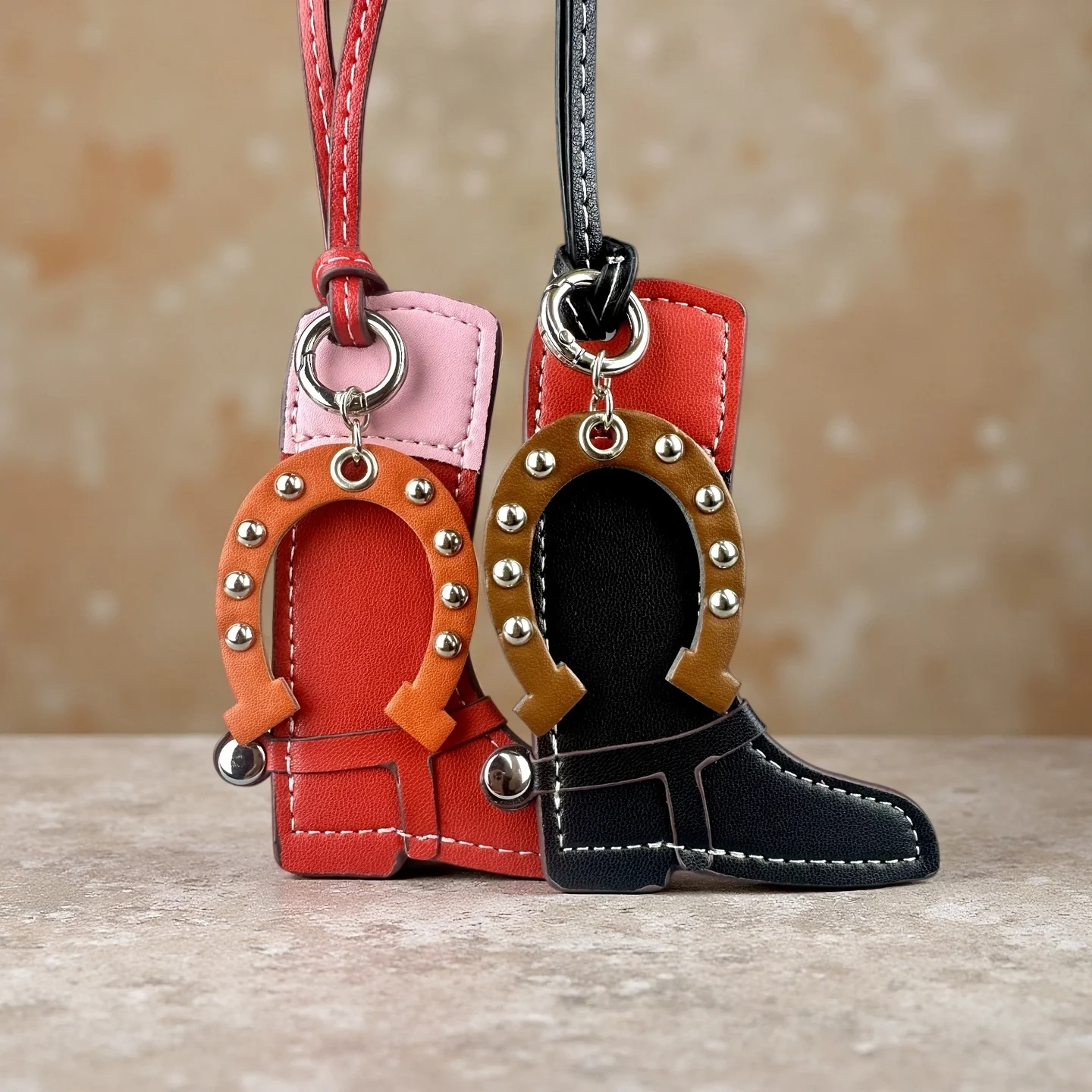 Trendy PU Leather Boot Bag Charm + Studded Horseshoe Pendant Set–Equestrian Bag Accessory for Handbags-Gift For Horse Lovers