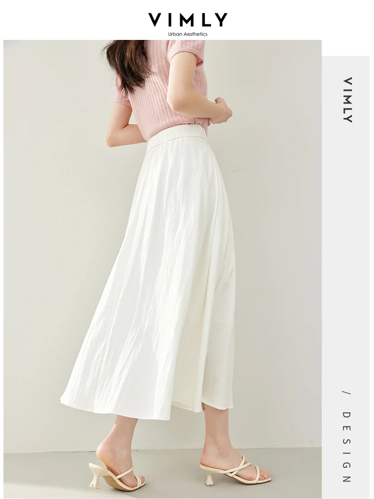 Vimly Summer White A-line Umbrella Skirt Women 2024 Elegant Elastic High Waist Swing Flared Midi Skirts Woman Clothing M6885