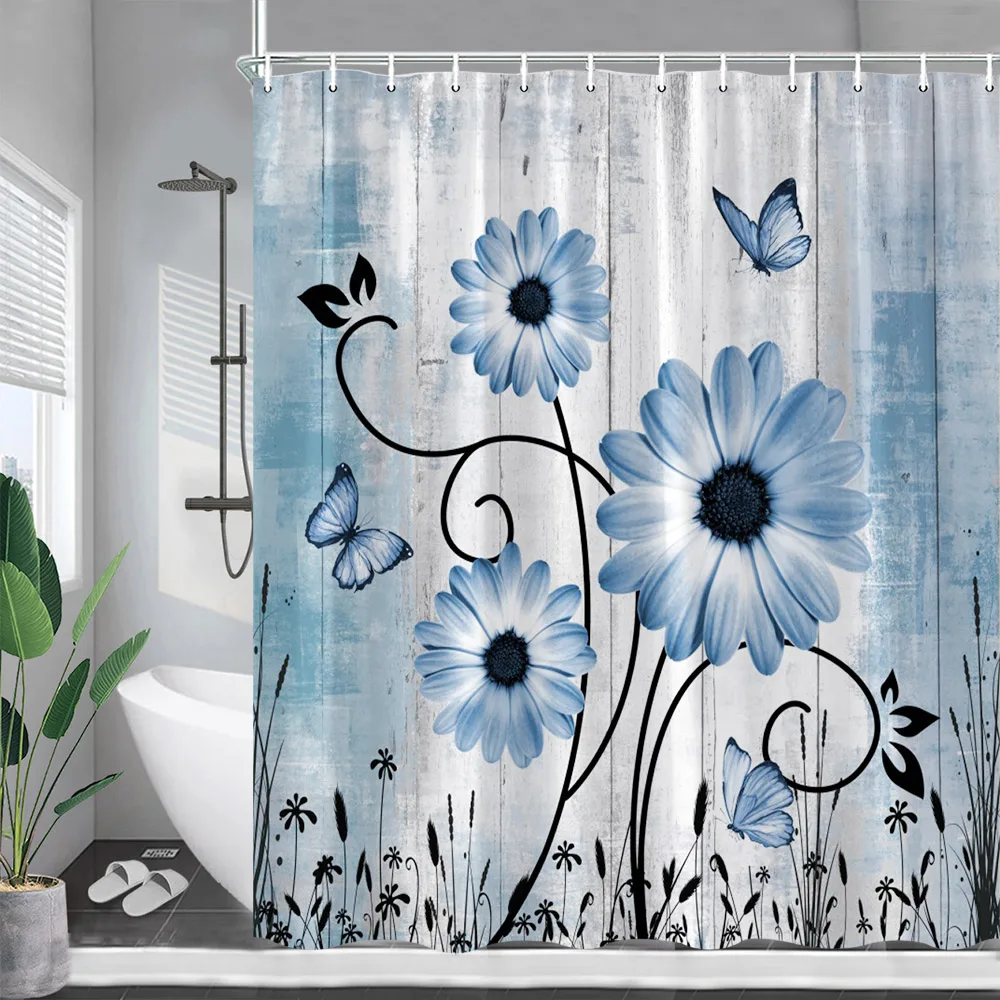 

Daisy Floral Shower Curtain Blue Flowers Butterfly Black Plant Rustic Wooden Board Fabric Bathroom Decorative Bath Curtains Set