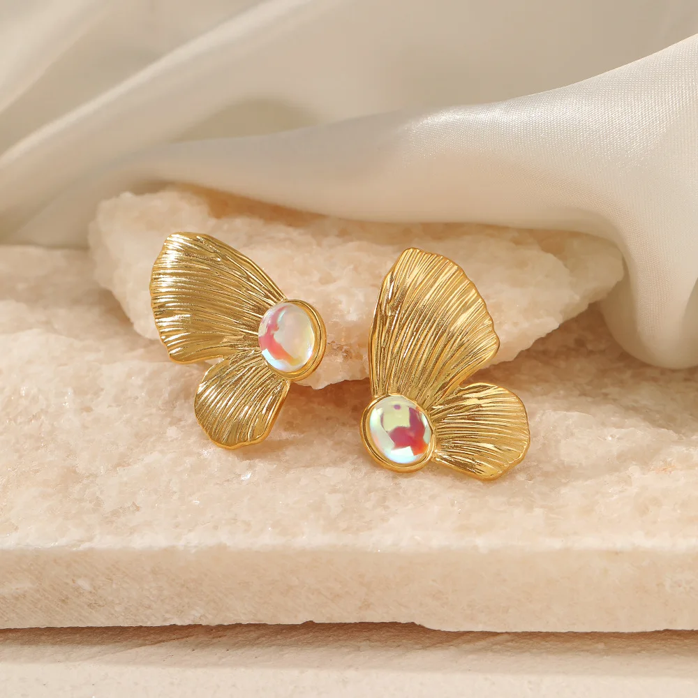 Cute Retro Gold Color Stainless Steel Crystal Butterfly Stud Earrings for Women Charm Exaggerated Design Bride Jewelry Colorfast