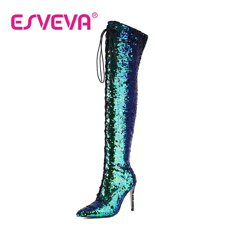 

ESVEVA 2023 Bling Fashion All Match Women Knee High Boots Stretch Fabric Western Style Shoes Size 34-43