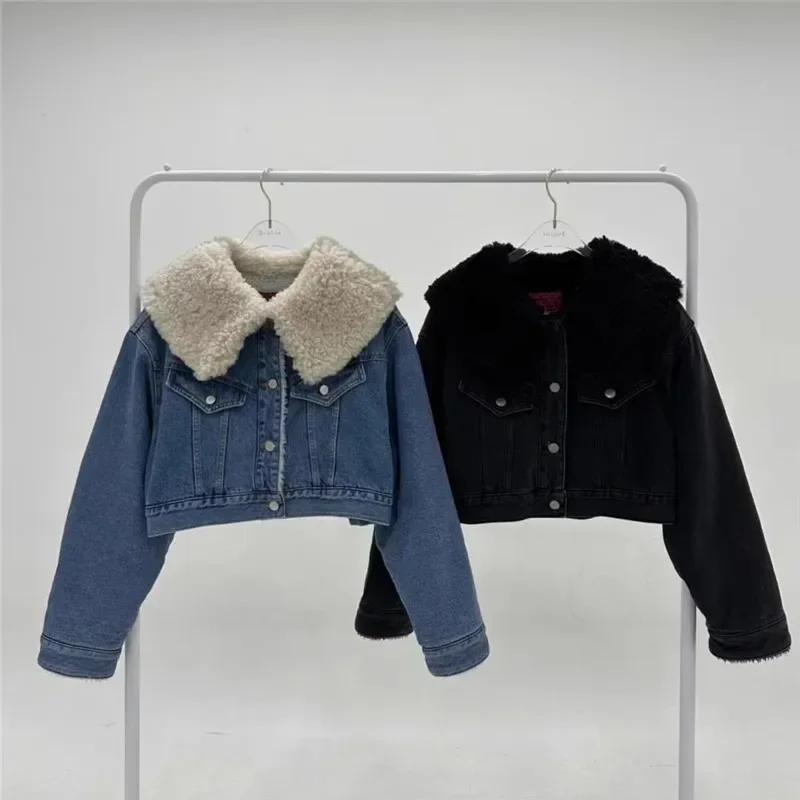 Large Lapel Imitation Lamb Wool Short Jacket Women Winter Fashion Thick Denim Patchwork Plush Coat Chic Warm Outwear Windbreaker
