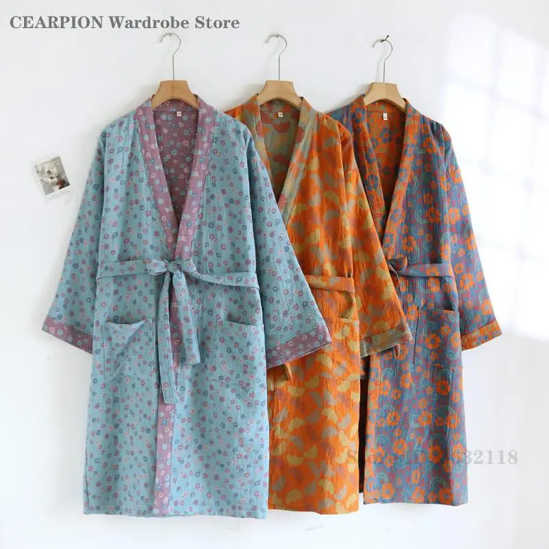 

Халат с цветочным принтом в стиле ретро, домашнее платье с карманом, хлопковое кимоно, халат, повседневная женская ночная рубашка, домашняя одежда, пижама юката хаори
