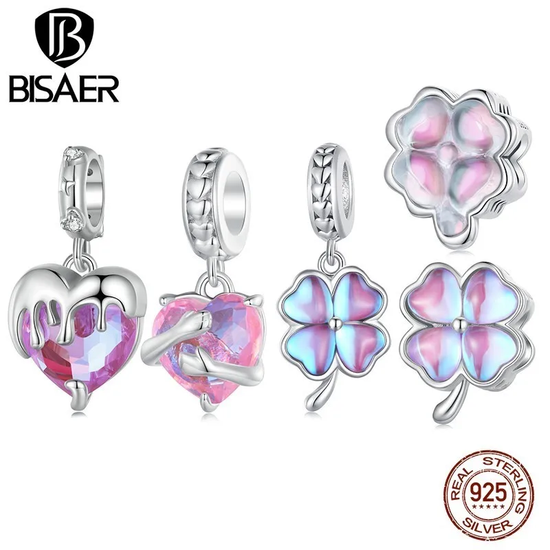 BISAER 100% 925 Sterling Silver Maiden Heart Charm Bead Pink Four Leaf Clover Pendant Fit Lucky Woman DIY Bracelet Fine Jewelry