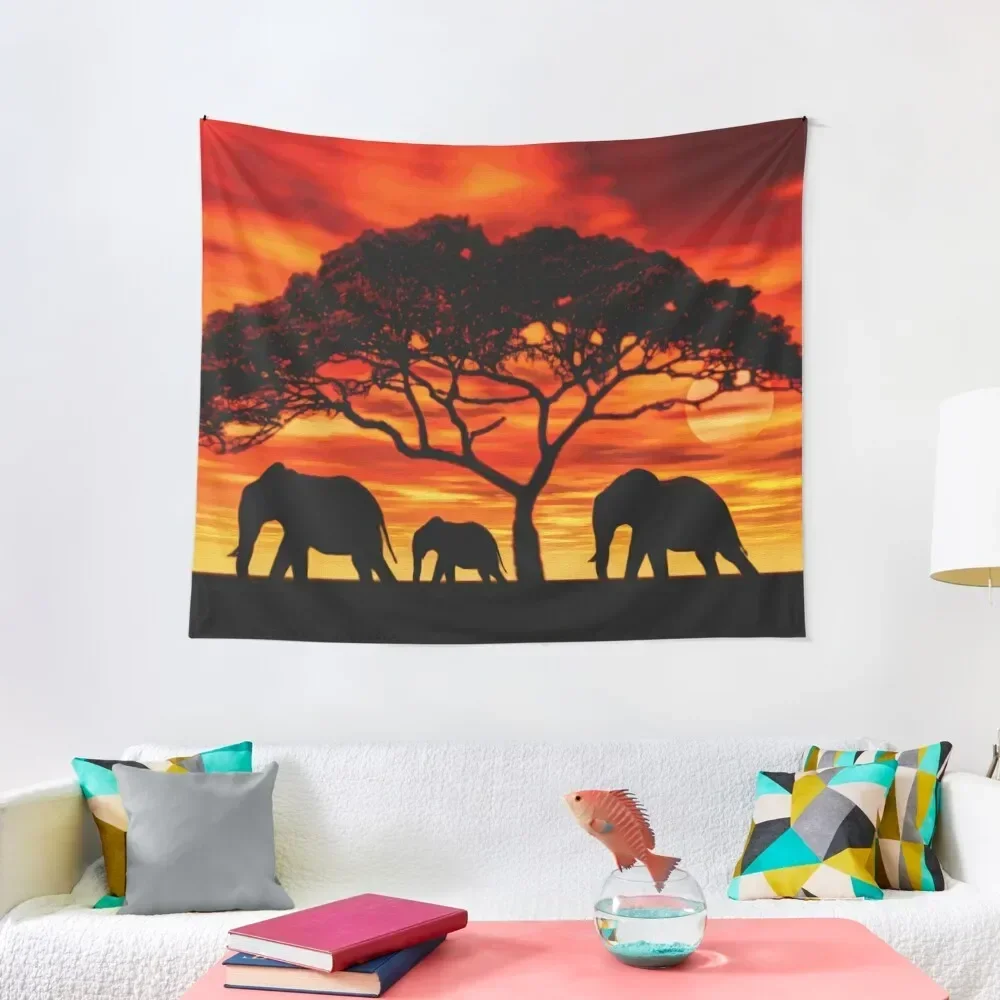 

Acacia Elephant Sunset Tapestry Decorative Paintings Aesthetic Room Decor On The Wall Custom Tapestry