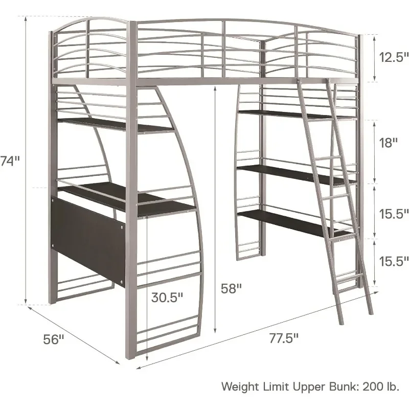 Studio Loft Bunk Bed Over Desk and Bookcase with Metal Frame - Twin (Gray)