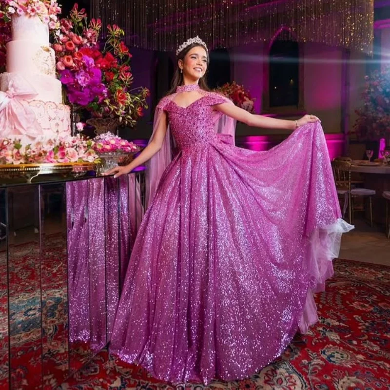 

Customized Shiny Purple Quinceanera Dresses Off the Shoulder Tull sequin applique layering Vestido De 15 Quinceanera
