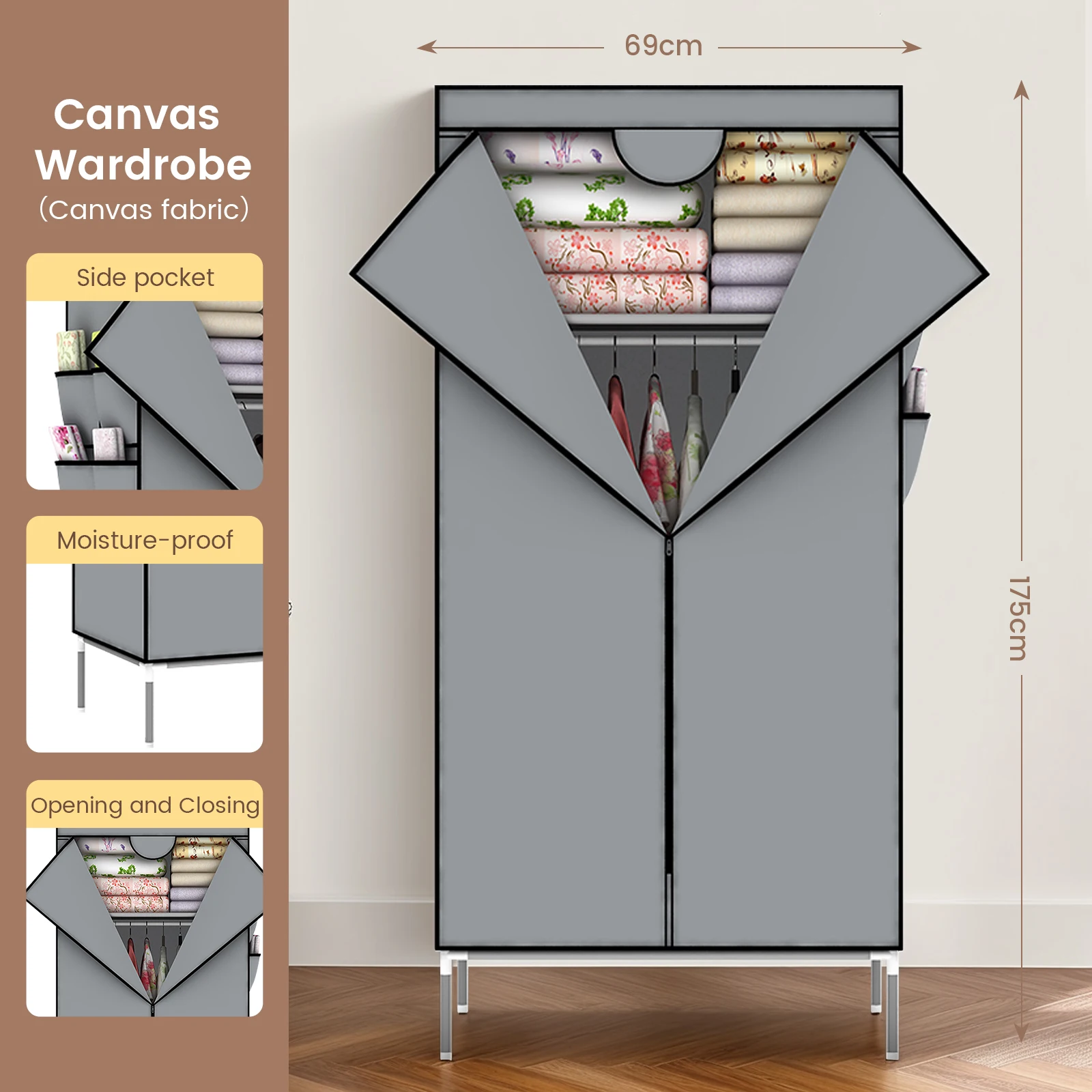 Canvas Wardrobe Portable Closet Wardrobe Clothes Storage Shelves and Hanging Rail,Non-Woven Fabric, Quick and Easy Assembly,Grey