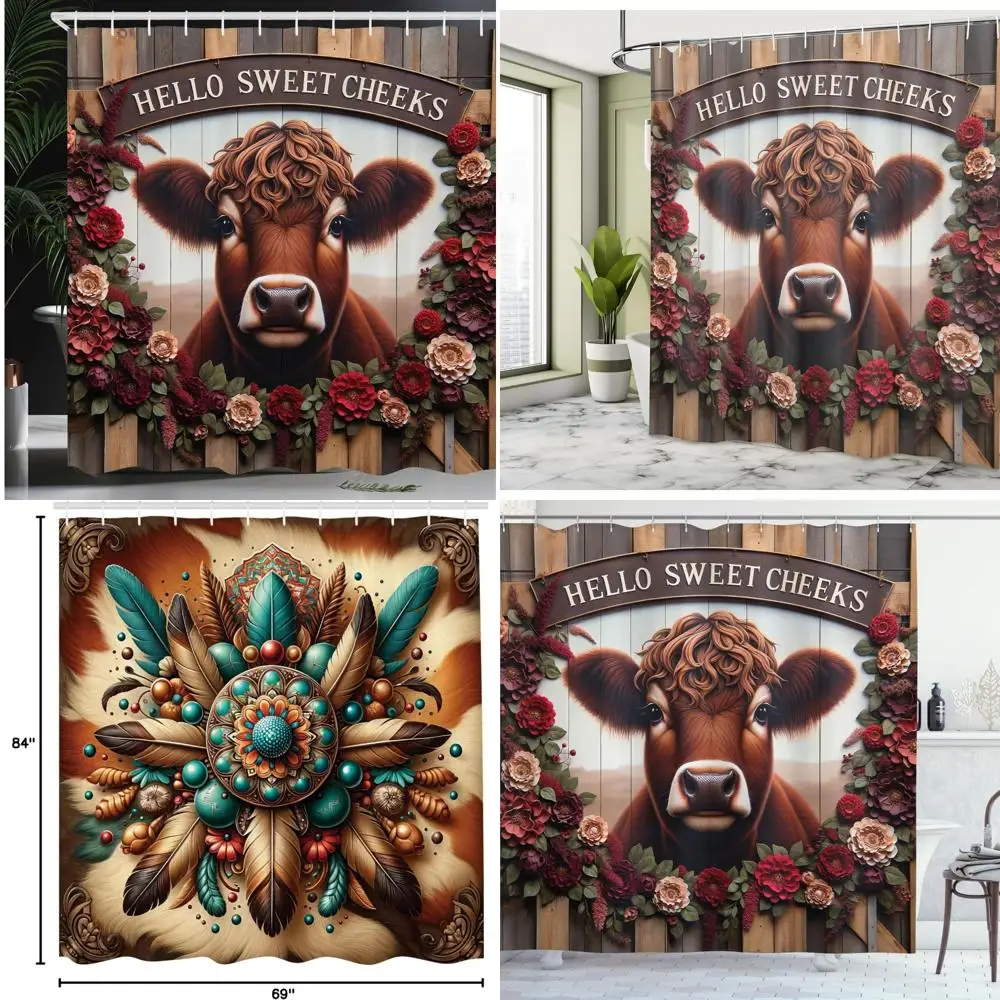 

Занавеска для душа в стиле кантри с винтажными цветочными коттеджами и удобным рисунком коровы