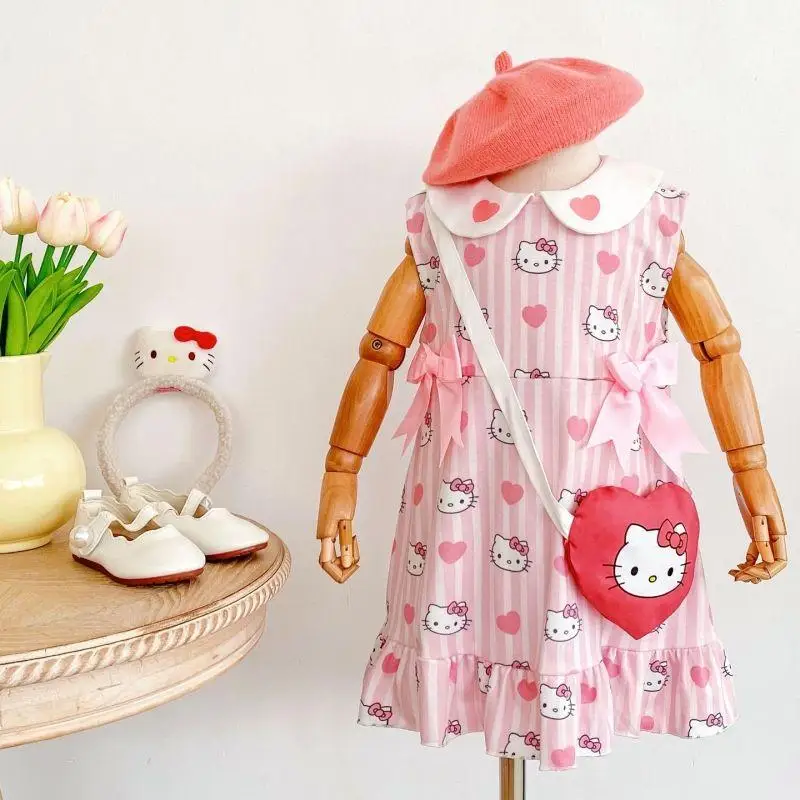 

Sanrio Hello Kittys Girls Summer New Style Dress Sleeveless Round Neck Princess Design Cartoon Bow Comfortable Breathable Kawaii