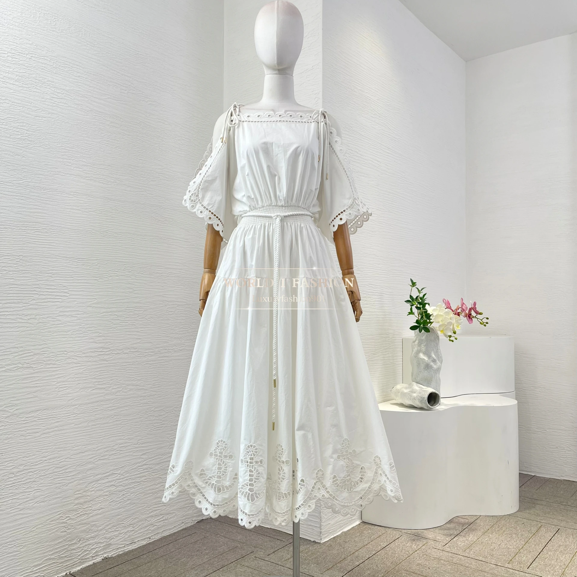 

2025 New High Quality White Embroidery Pure Cotton Lace-up Shirred Women Midi Dress