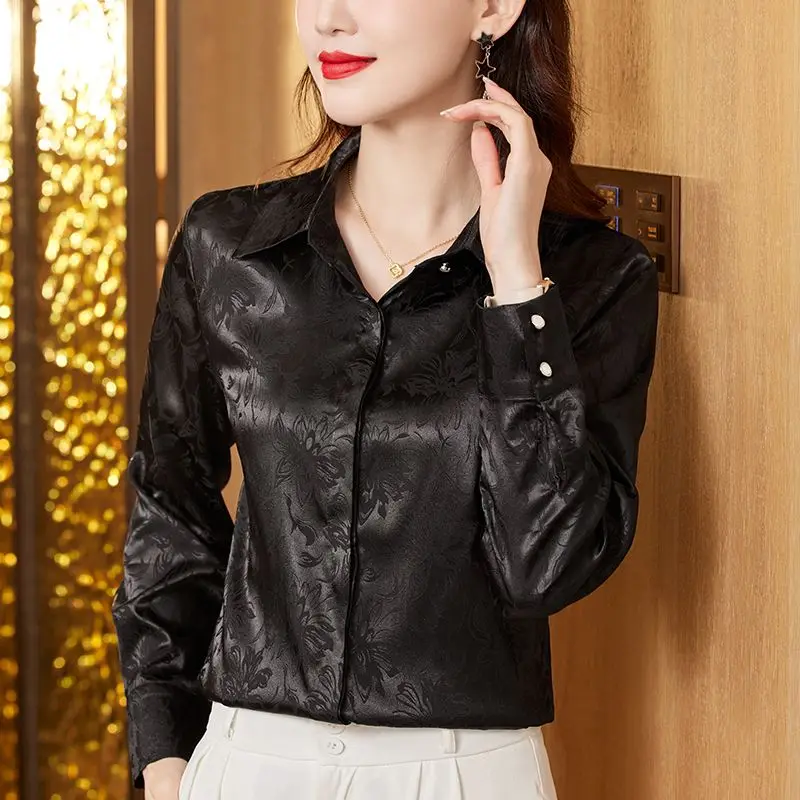 Satin Jacquard Shirt with Long Sleeves for Spring Autumn Women\'s Clothing Turn-down Collar Anti-wrinkle Patchwork Button Blouses