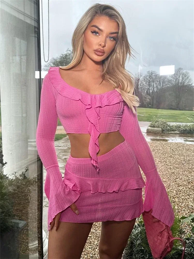 

CPSYMYM Ruffles Patchwork 2 Piece Set Women Low Neck Tassel Flared Sleeve Crop Top + Solid Skinny Mini Skirts Trend Street Suit