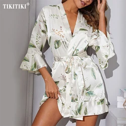 Sexy Nightdress Deep V Lace Sleepwear Women Lingerie Silk Satin Nightie Nightgown Floral Print Bathrobe Nightwear Home Dress