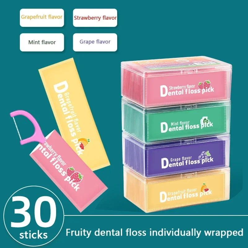 30 Uds. Palillo de dientes con sabor a fruta colorida, palillo de dientes portátil, limpiador de dientes con almacenamiento