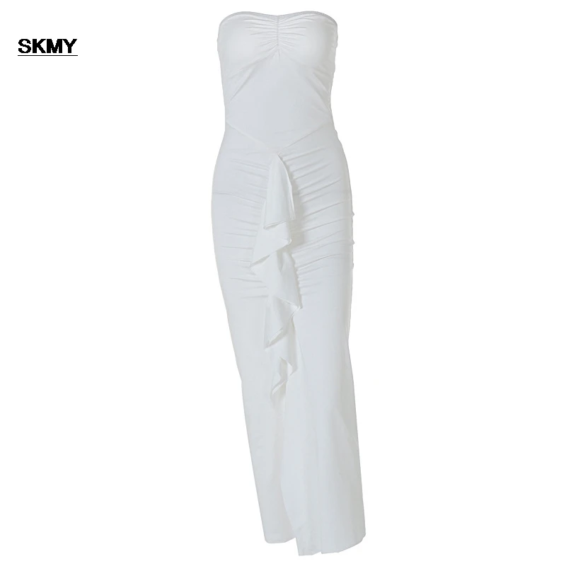 SKMY Elegant Dresses For Women Strapless Pleated Off Shoulder Backless Slit Long White Sexy Dress