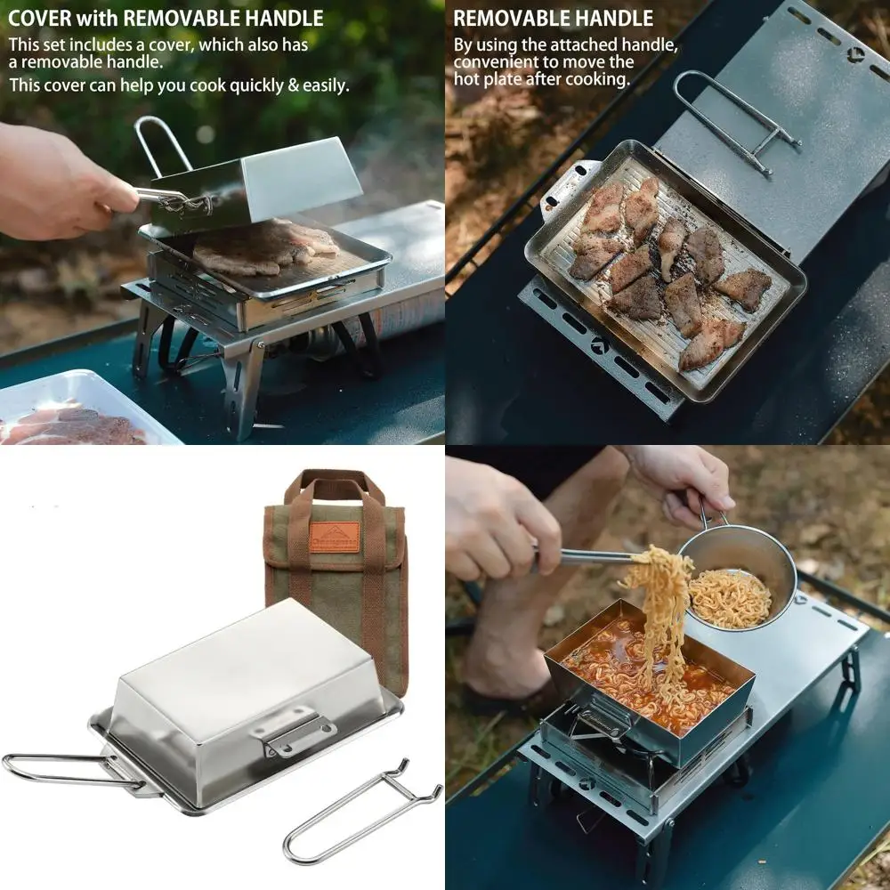

Griddle Plate for Camping - 304 Stainless Steel, 8.3 x 5.5, Thick with Removable Handle and Cover
