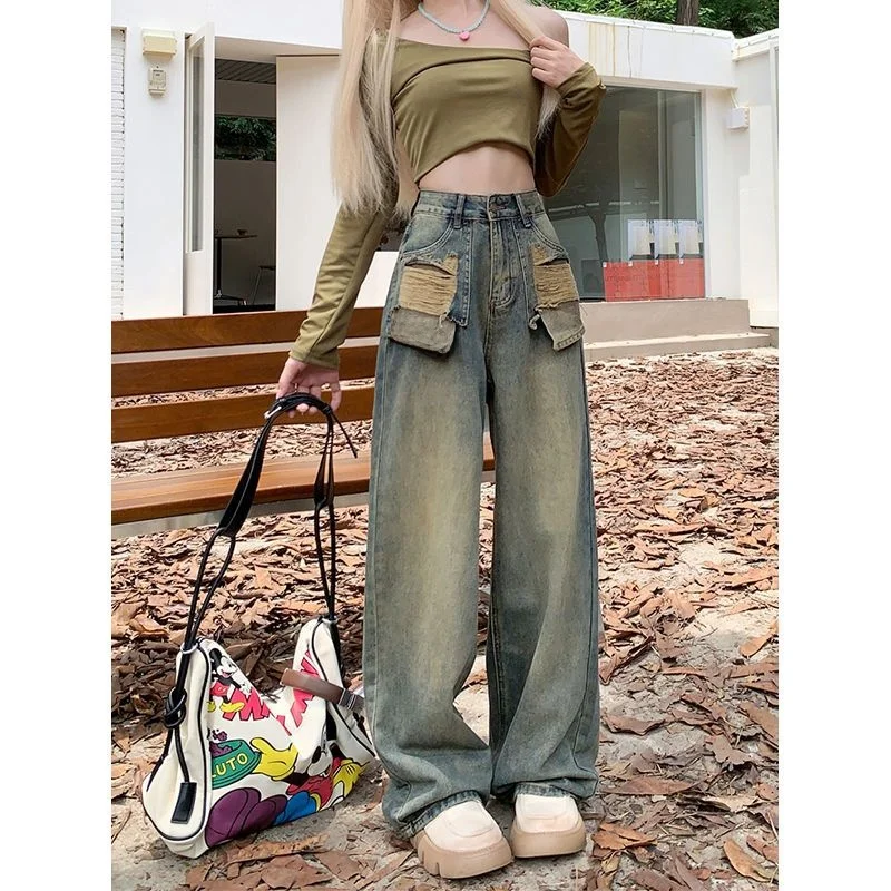 

Retro Hole Design High Waist Wide Leg Long Jeans Women's Irregular Trendy Denim Pants High Waist Slimming Floor-Length
