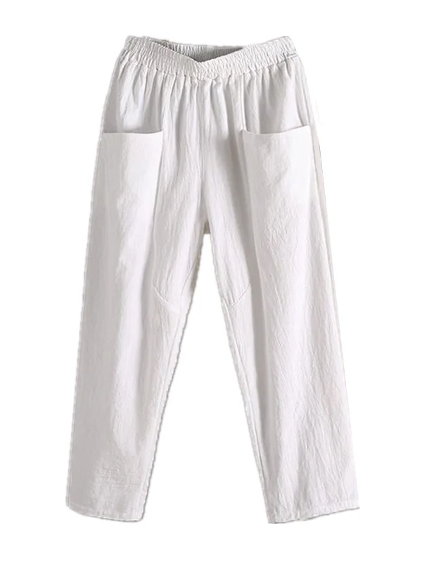 Cotton Linen Casual Pants Women's Thin New 2025 Loose Harlan Nine Points Pants Mom's Casual Trousers High Waist Elastic