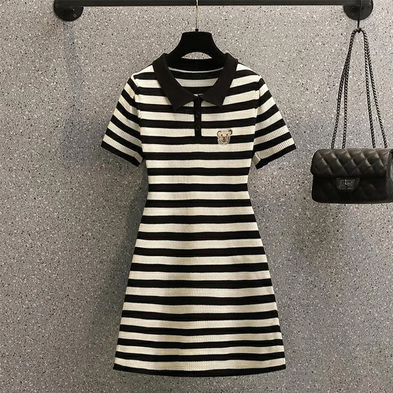 

Women's Clothing Preppy Style Striped Chic Embroidery Knitted Dress Summer New Loose Vintage Polo Neck Soft Short Sleeve Dresses
