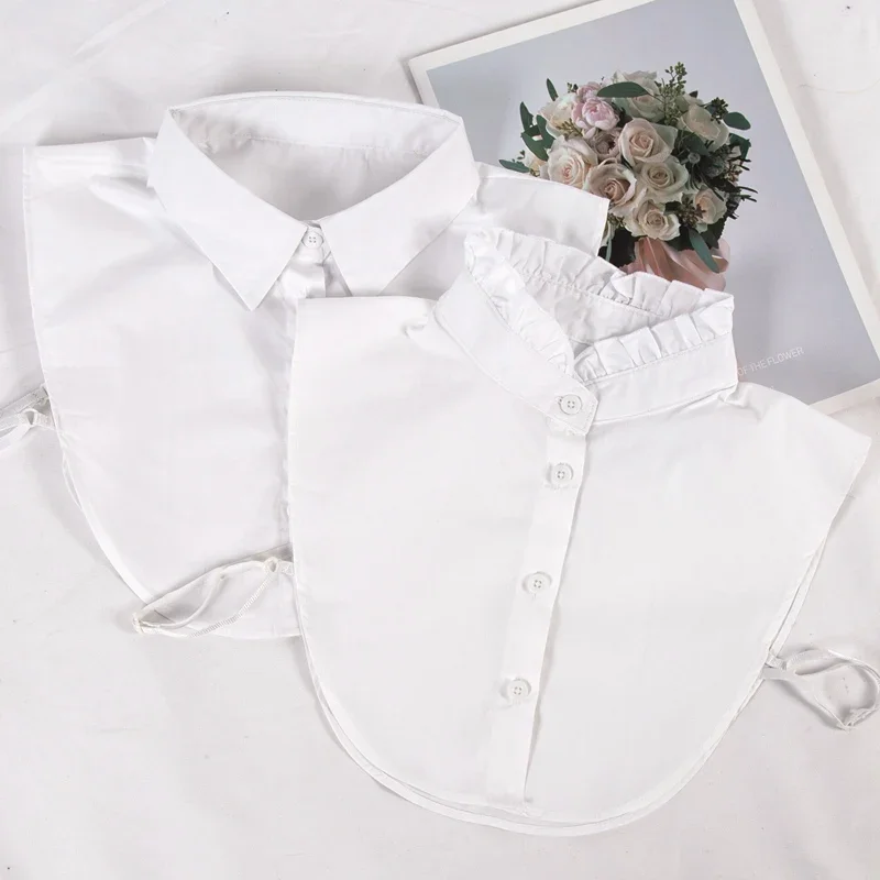 เสื้อเชิ้ตผู้หญิงผ้าฝ้ายสีขาวสำหรับฤดูใบไม้ผลิและฤดูใบไม้ร่วง ปกตั้งเล็กแบบพับได้ อเนกประสงค์ แฟชั่นเสื้อคลุมคอปลอม อุปกรณ์เสริมเสื้อผ้า