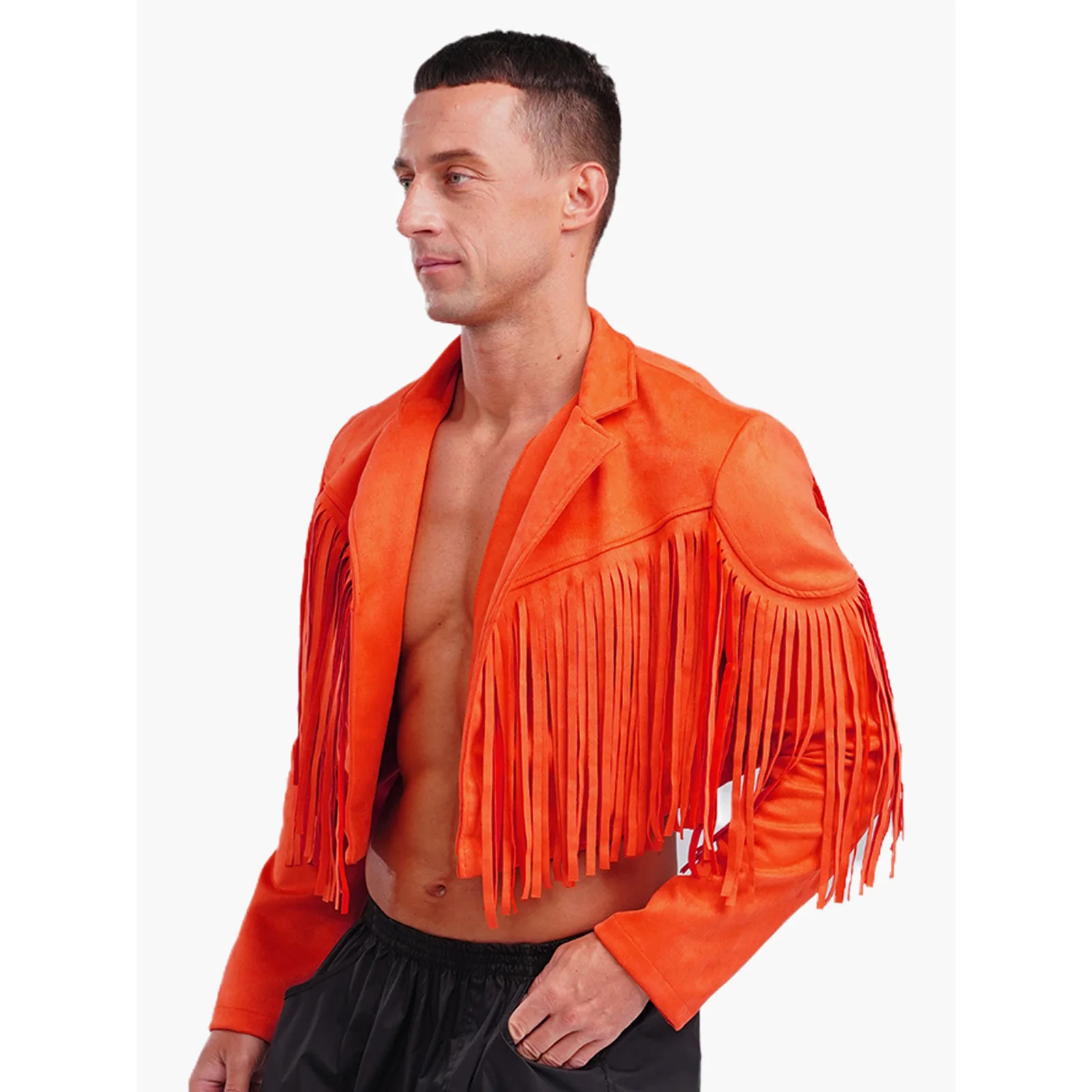 

Men Fringe Western Cowboy Cropped Jackets Faux Suede Open Front Cardigan 80s Hippie Outerwear Roleplay Halloween Fancy Dress Up