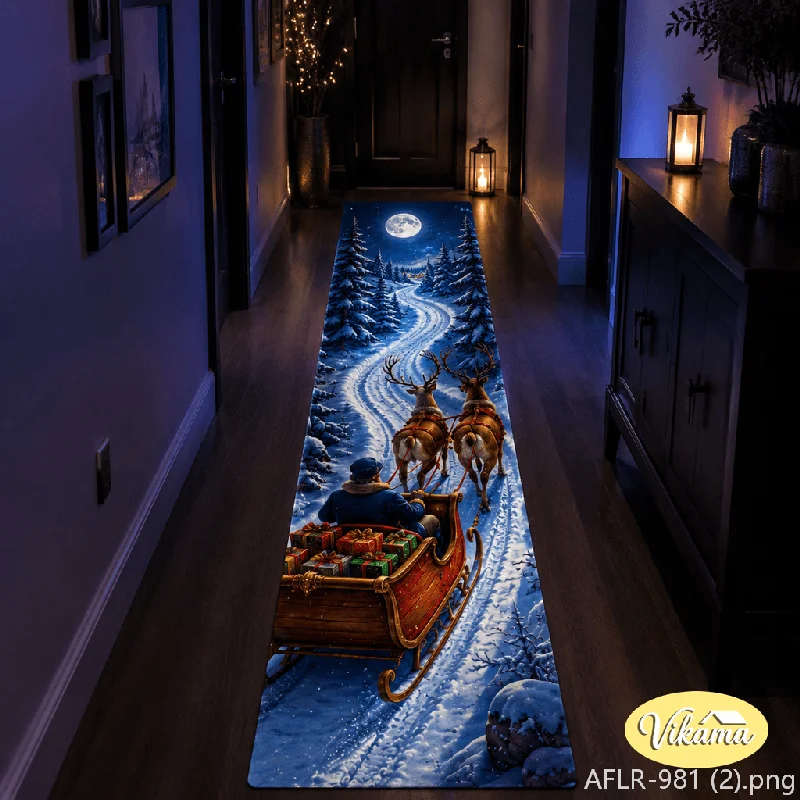 VIKAMA Christmas Sleigh Reindeer Long Rug, Soft, Non-Slip Hallway Runner, Holiday Home Decor for Entryways and Hallways