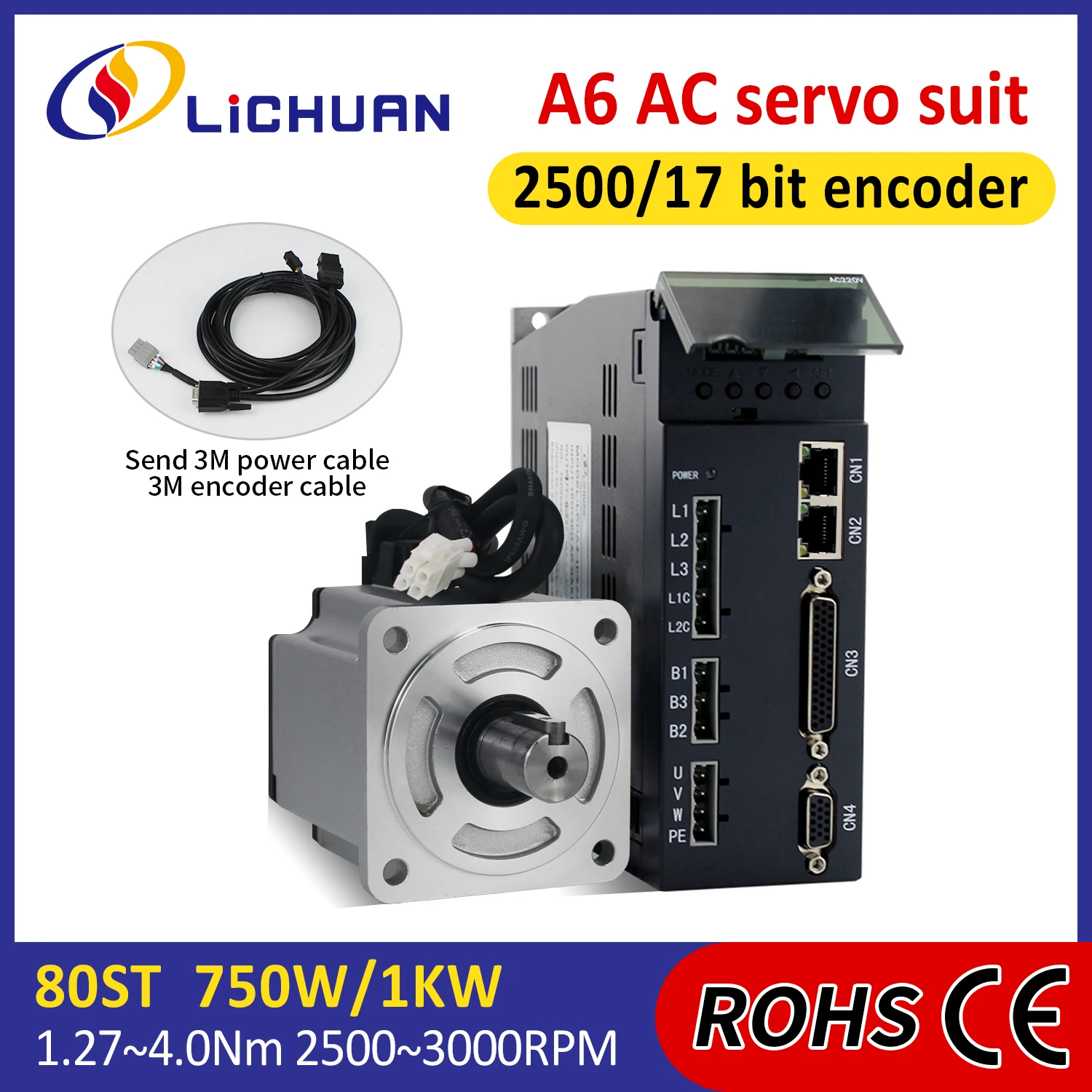 Lichuan A6 220V 4.5/4.6/5.8A 750/1000W ServoMotor Controller 3000rpm 2.39/3.2/4N.m AC Servo Motor Driver Kit for Medical Machine