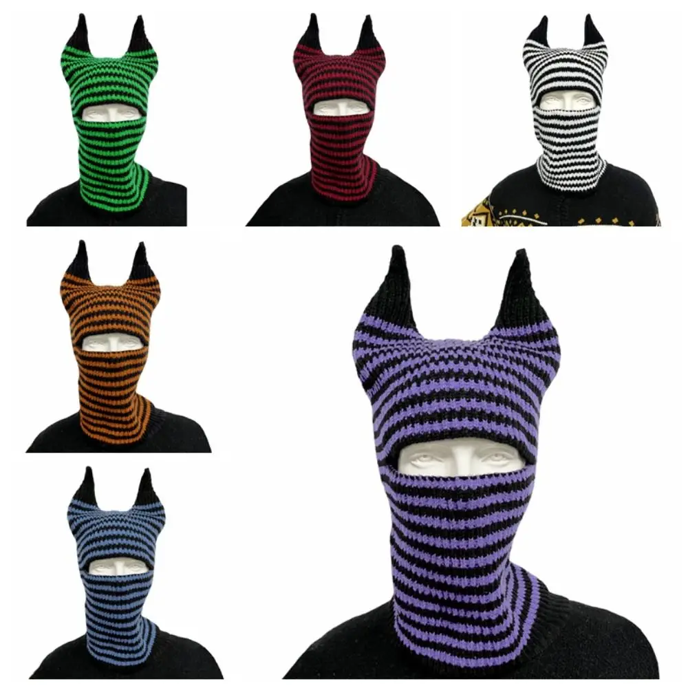 Pile Cap Cow Horn Cow Horn Knitted Hat Stripe Letter Cap Riding Mask Baotou Hat Turban Warm Neck Cover Winter Scarf