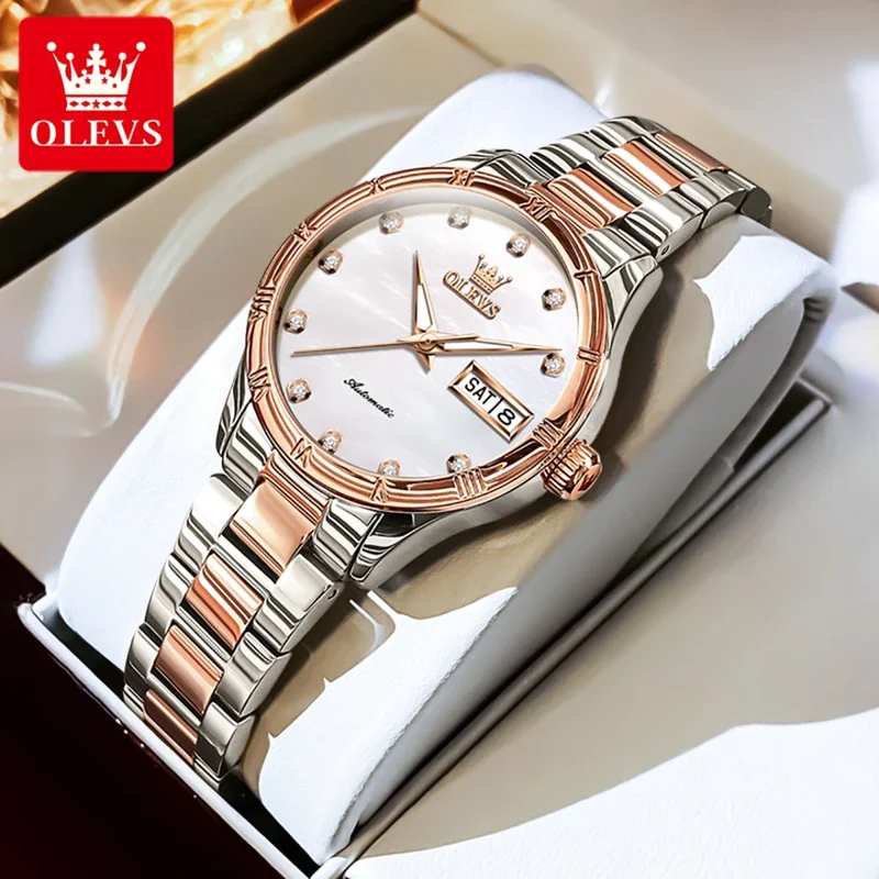 

Olevs 7030 fashion mechanical watch round-dial stainless steel watchband wristwatch week display calendar