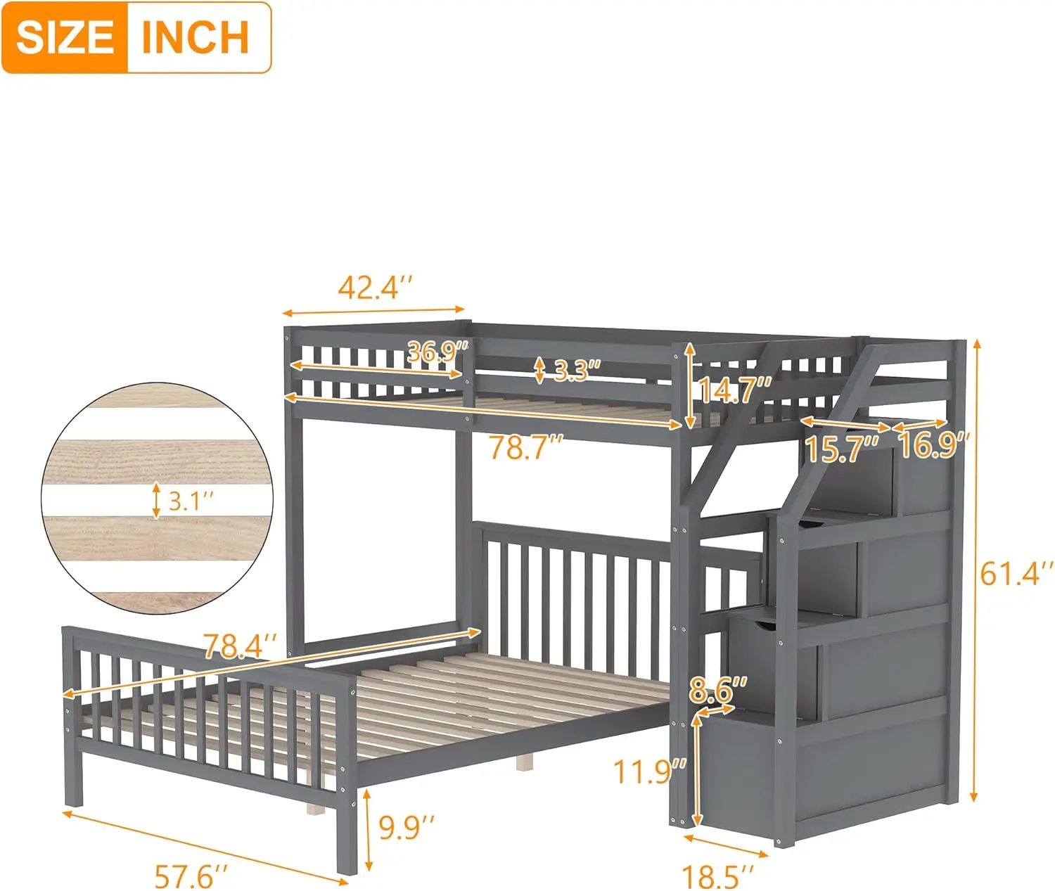 L Shape Twin Over Full Bunk Bed with Storage Stairway, Solid Wood Loft Bed with Removable Full Platform, Safety Guardrail