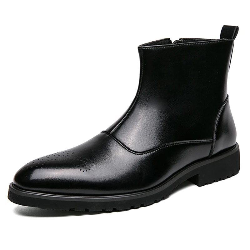 Brogue Chelsea Boots Men Mid Calf Dress Boots Business Formal Ankle Boots Antumn Bota Masculina Split Leather Shoes