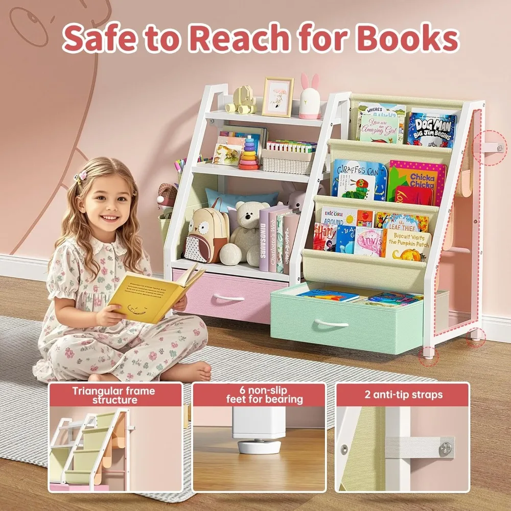 رف كتب وقوي للأطفال الصغار من مونتيسوري مكون من 3 طبقات ومنظم ألعاب مع أرفف كتب وصناديق تخزين