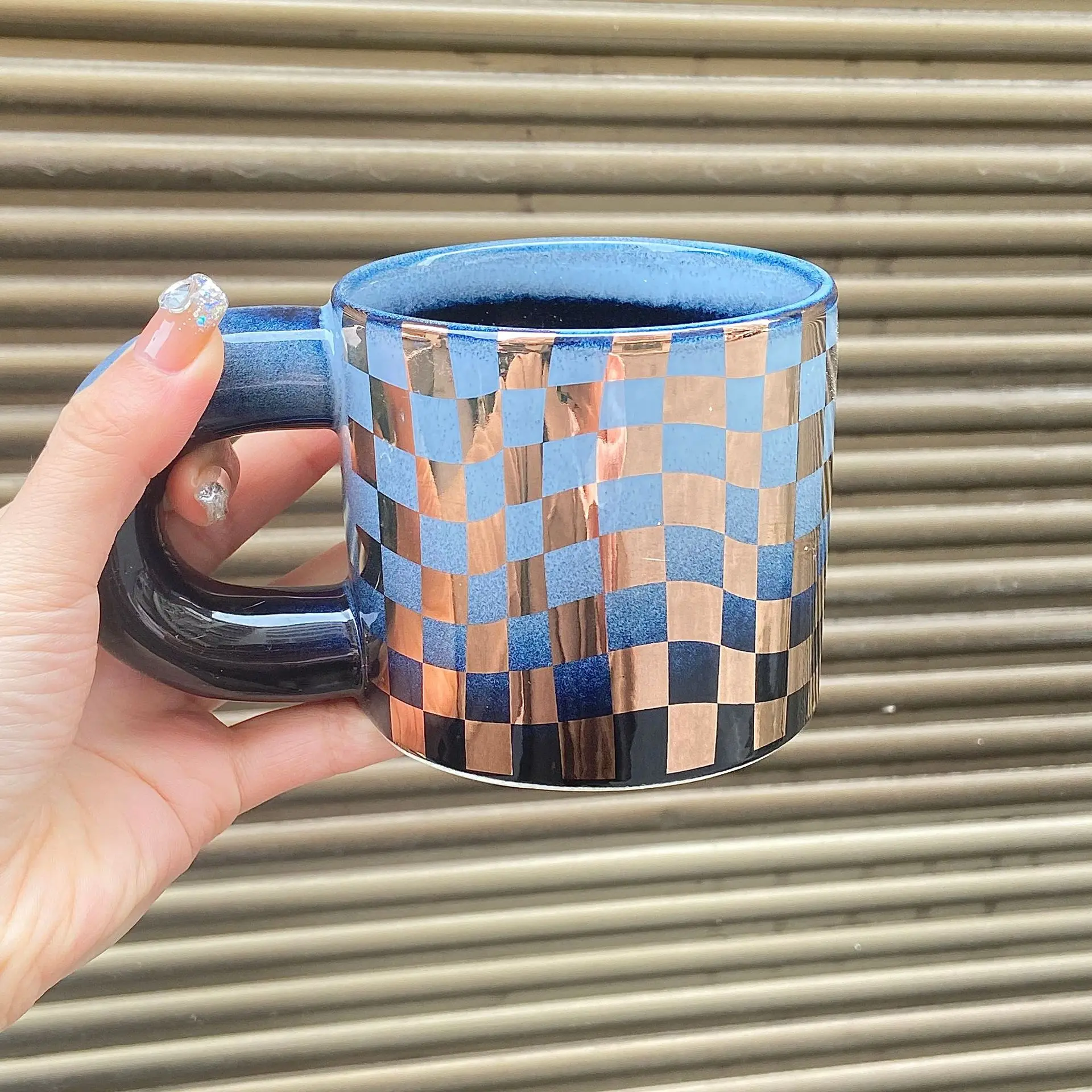 Nordic Ins Style Mug Fat Single Cup Checkerboard Lattice Kiln Glaze Lattice Mug Fat Couple Coffee Cup Coffee Mug