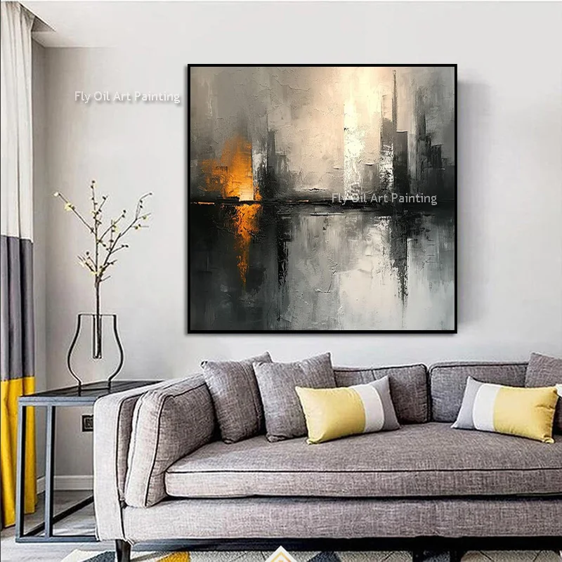 100% Hand Painted Modern Cityscape Impasto Painting, Black Grey Amber Reflection Texture Art, Contemporary Decor For Lounge Room