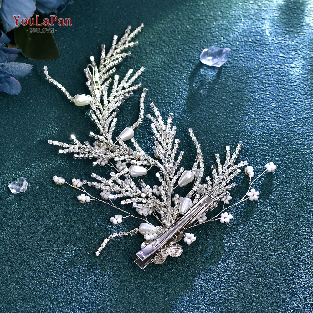 YouLaPan-Diadema con cadena de diamantes de imitación para novia, pasador de pelo con perlas, tocado de boda de Color plateado, accesorios de peinado de maquillaje, HP728