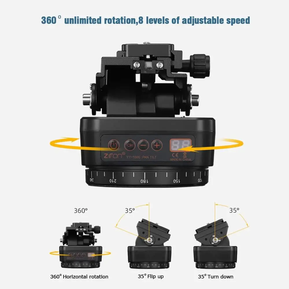 ZIFON YT1000 Automatic Motorized Rotating Panoramic Head Remote Control Pan Tilt Head with Mobile Phone Clip for Camera/Phone