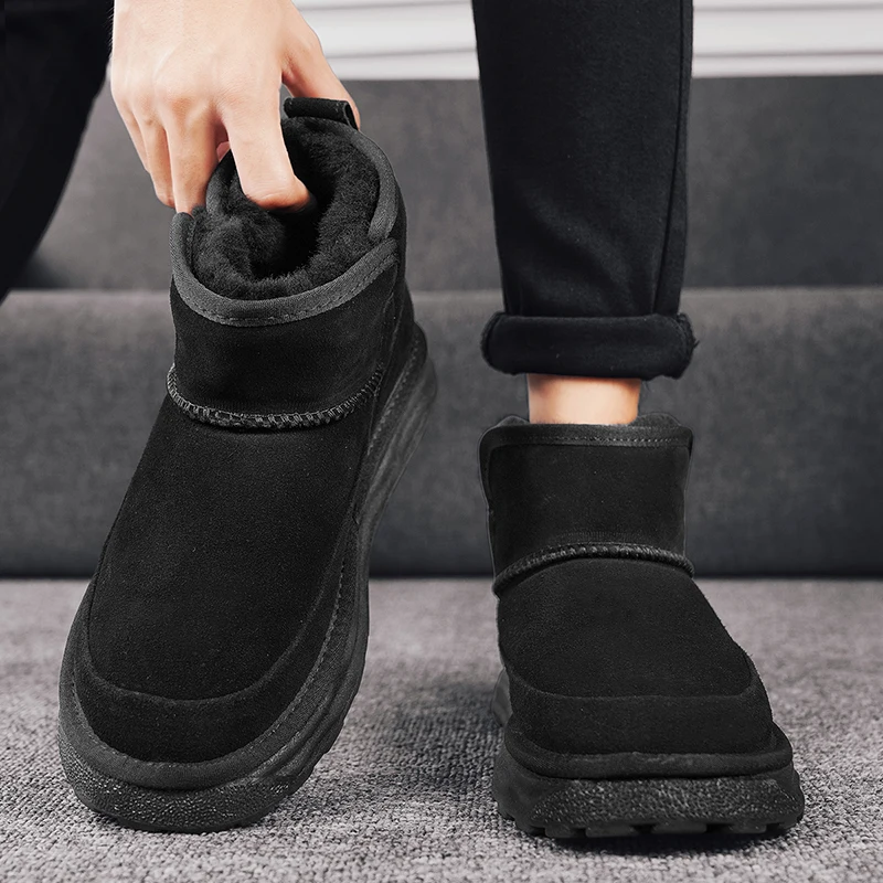 New Leather Men\'s Boots 2024 Winter Platform Warm Fur Ankle Short Slip On Fashion Casual Work Shoes Botas Platform Boots