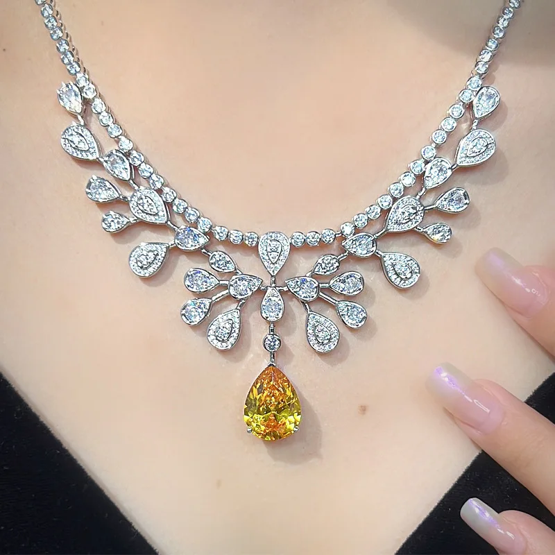 Women Luxury Crown Necklace Pink Diamond Tiara Evening Clavicle Chain High-end Ladies Jewelry