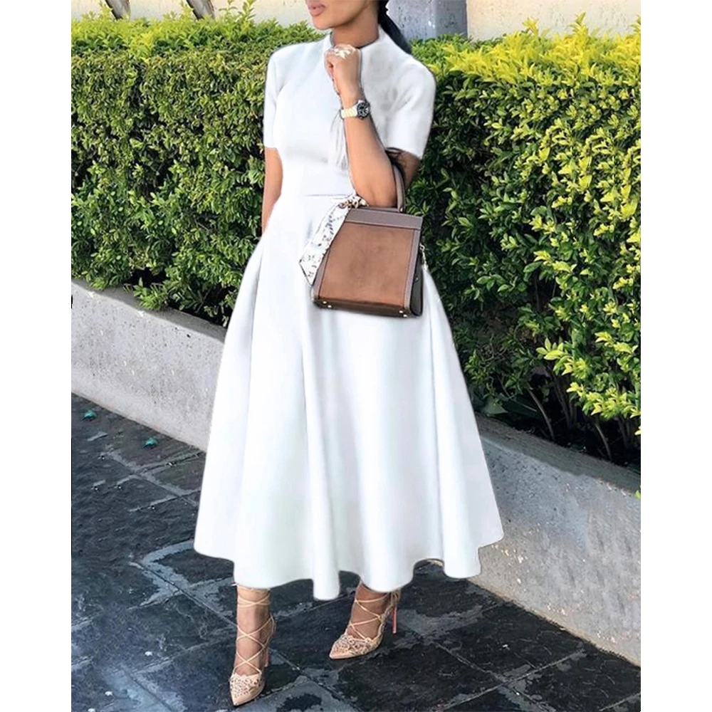 Elegant Dresses for Women Summer Short Sleeve Robe Longue Femme Office O-Neck Midi Dress A-Line White Dress Women Evening Outfit