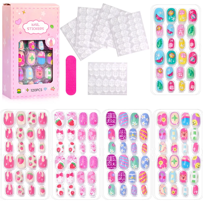 

120pcs Children Wearable Fake Nails Press On Nails Girl Kids Creative Full Cover Adhesive Nail Patch Tips Manicure Decoration