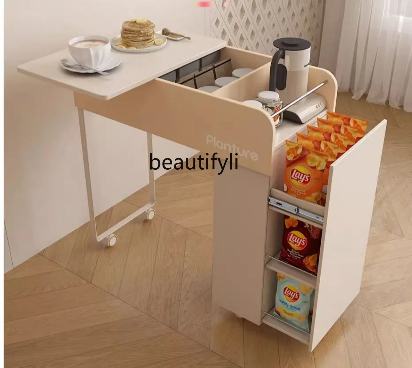 

T Movable coffee table trolley living room multi-function, locker cream wind sofa side cabinet