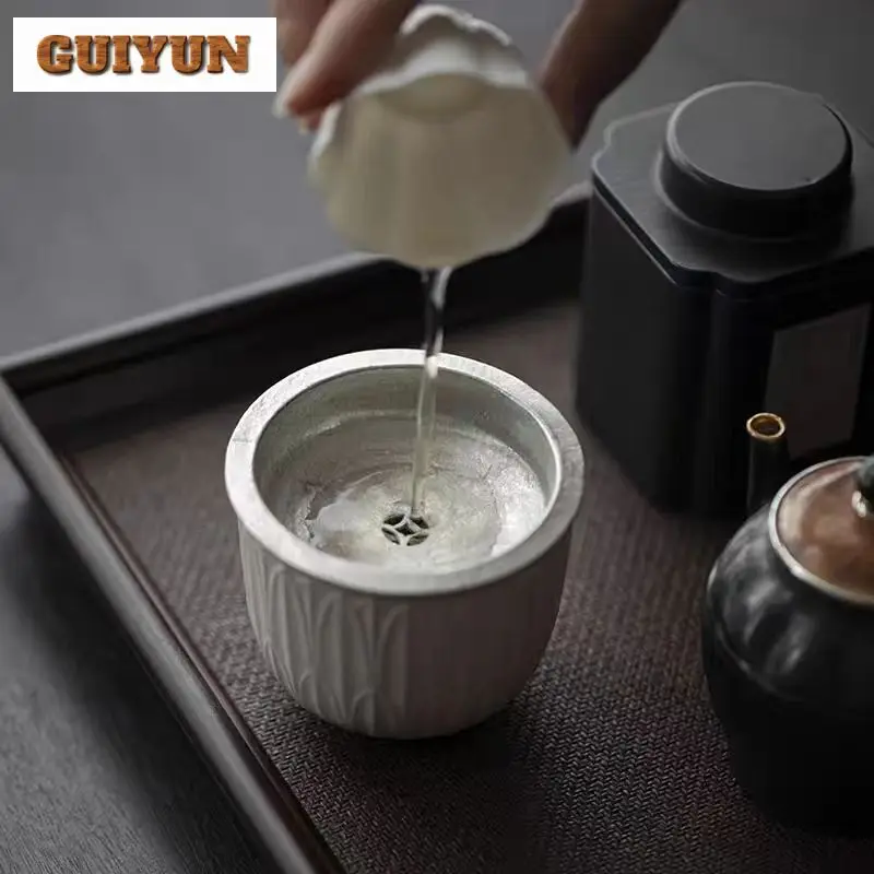 

150ml Handmade Lotus Petal Small Tea Washing Basin Household Jianshui with Tin Lid Vintage Writing-brush Washer Chaxi Craft Gift