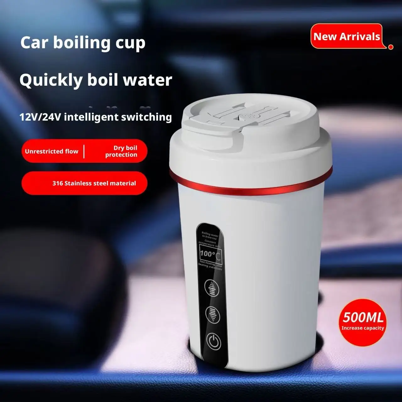 Portable Car Electric Kettle 12V 24V Universal Outdoor Travel Insulated Hot Water Pot Dual-Use Heater for Large & Small Vehicles