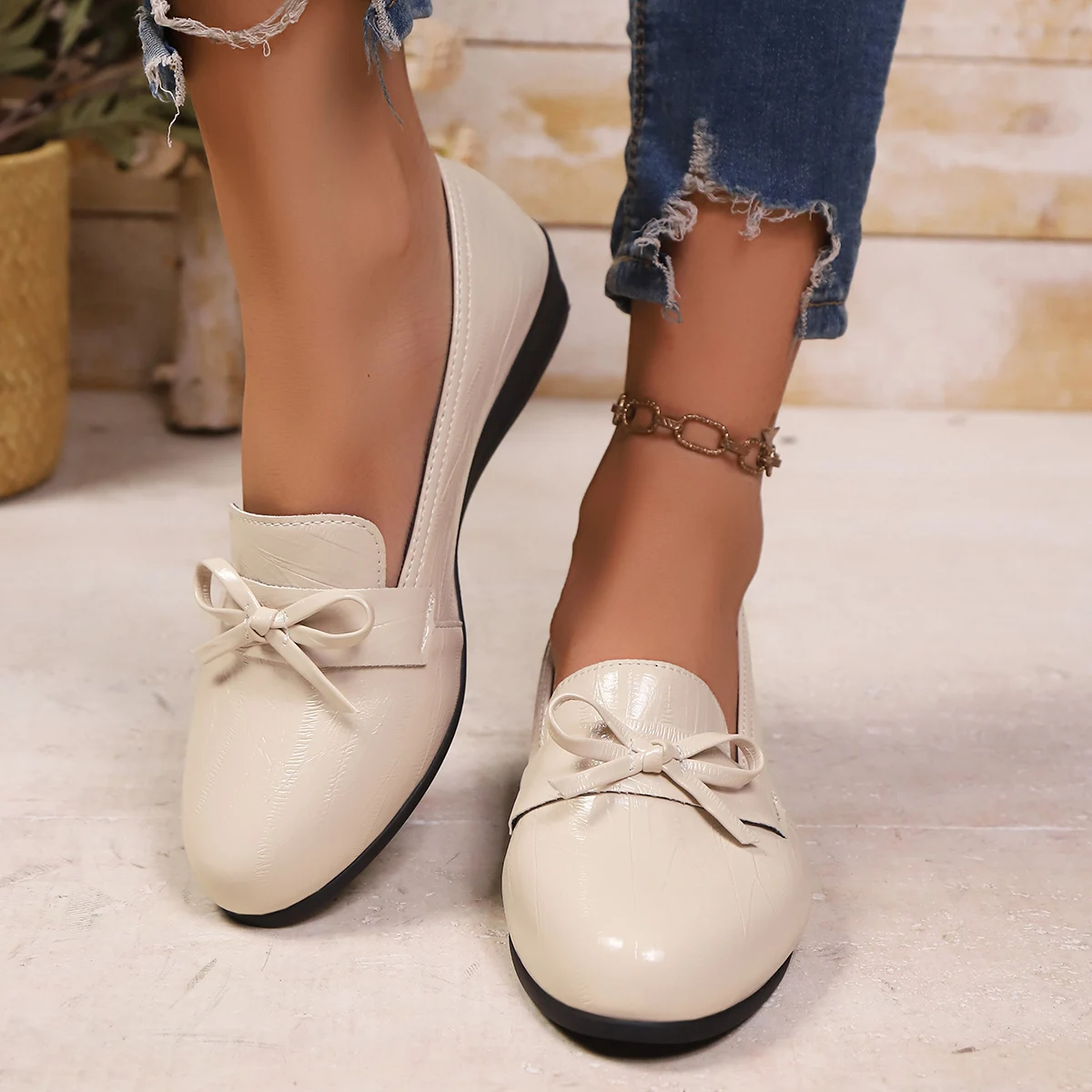 Nuevos zapatos informales con lazo cómodos a la moda, primavera y otoño, boca poco profunda, cabeza redonda, tacón inclinado, suela gruesa, zapatos de mujer